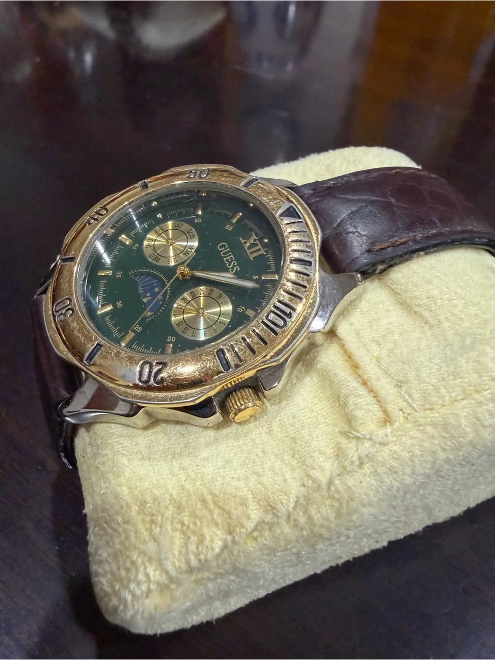 GUESS Gold-Tone Watch with Green Dial and Brown Strap